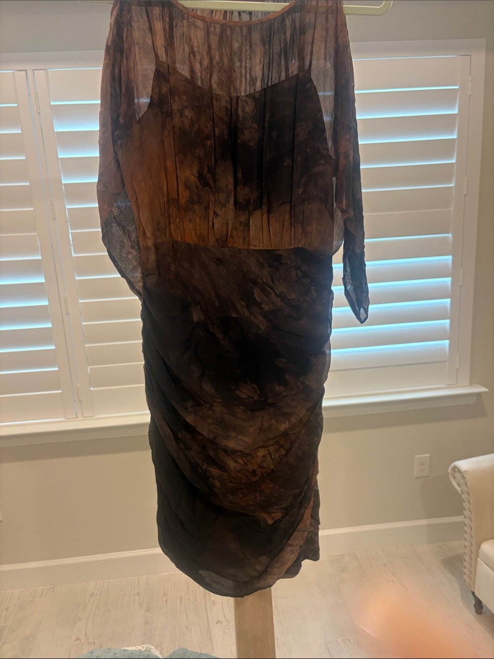 Andrew Marc Brown & Black Long Sleeve Sheer Overlay Dress